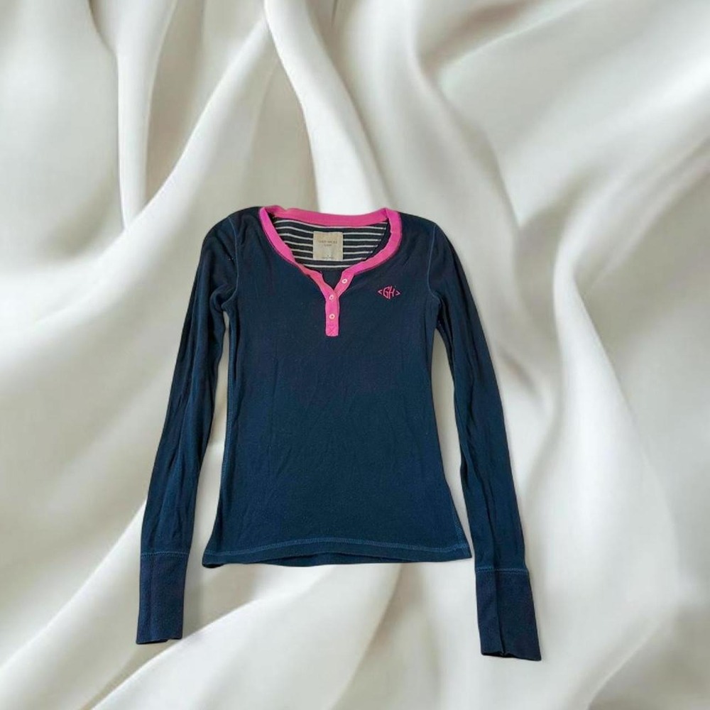 Hollister Gilly Hicks navy blue pink henley babydoll long sleeve top y2k mcbling